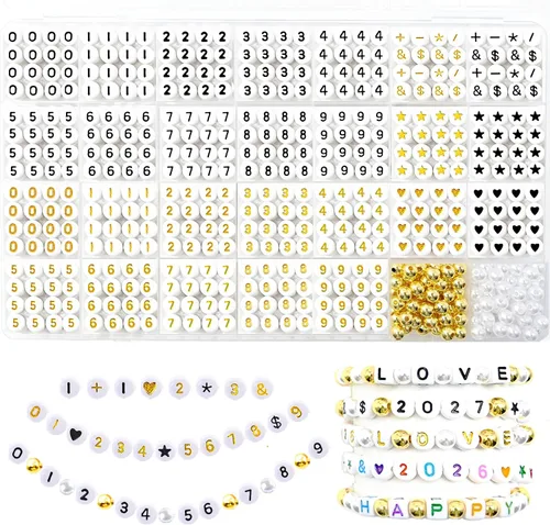 Miniatura 33 de 1400 cuentas redondas blancas y negras para pulseras, cuentas digitales de símbolo matemático del 0 al 9, juego de cuentas acrílicas de número