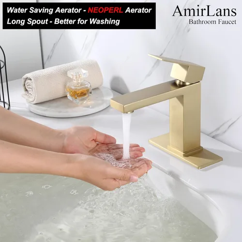 Miniatura 4 de Grifos de baño de oro cepillado de un solo agujero, grifo de acero inoxidable de una sola manija para fregadero de baño con tapón emergente, grifo
