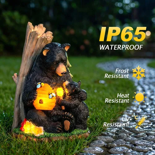 Miniatura 3 de Candieslife Estatua de jardín de oso solar con colmena brillante y cachorro, figura LED para exteriores, decoración para patio, césped, arte