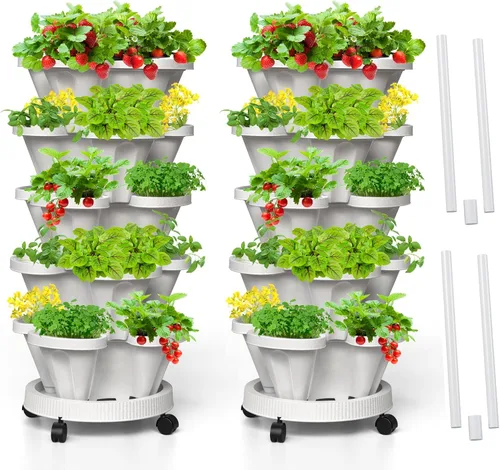 Miniatura 18 de Macetas verticales de fresa, paquete de 2 unidades, torre apilable de 5 niveles con poste de soporte, macetas apilables para hierbas y verduras