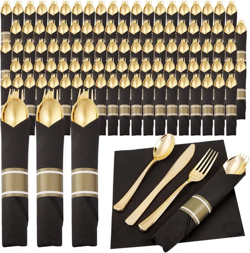 Miniatura 21 de Supernal Juego de 30 Cubiertos de Plástico Dorado Preenvueltos con Servilletas, Juego de Cubiertos de Plástico Envueltos, Utensilios Desechables