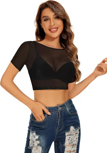 Miniatura 4 de Blusa de malla transparente para mujer, manga corta, manga larga, entallada, para discoteca