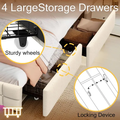 Miniatura 6 de Juego Base de cama Full 3 en 1 con luz LED RGB, enchufe y estación de carga USB y tipo C, 4 cajones, listones de madera, cama tapizada, sin ruido