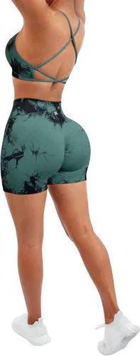 Miniatura 3 de SUUKSESS Conjuntos de entrenamiento sin costuras para mujer, sujetador deportivo con tiras y cintura alta, pantalones cortos