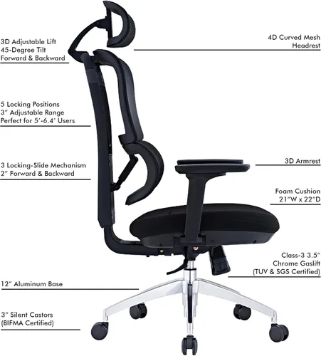 Miniatura 6 de SUNLINE Elevate - Silla de oficina - Sistema de soporte lumbar ergonómico y ajustable con base de aluminio - Reposacabezas de malla curva 4D