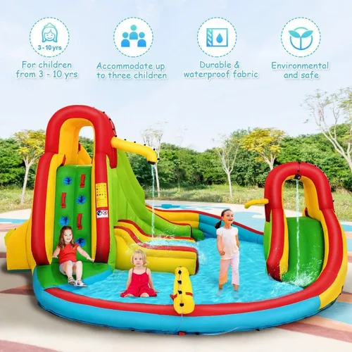 Miniatura 5 de HONEY JOY Tobogán acuático inflable, parque acuático inflable 7 en 1 con dos toboganes, pared de escalada y piscina de salpicaduras, manguera