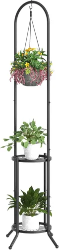 BMOSU Soporte para plantas con ganchos para interiores y exteriores, soporte alto de metal resistente de 3 niveles para plantas, para patio, jardín,