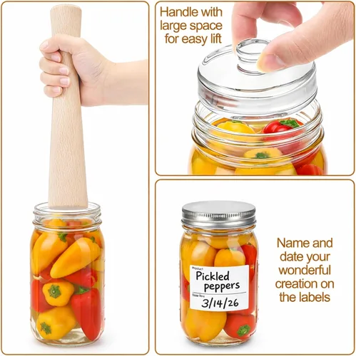 Miniatura 5 de Jucoan 6 Pack Glass Fermentation Weights with Easy Grip Handle for Wide Mouth Mason Jars and 1 Pcs Beech Wood Vegetable Tamper Sauerkraut Pounder