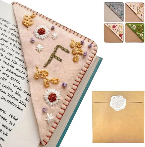 Miniatura 23 de Marcapáginas de esquina bordado a mano personalizado, 26 letras con costura a mano de fieltro, marcapáginas de esquina con bordado de flores lindo