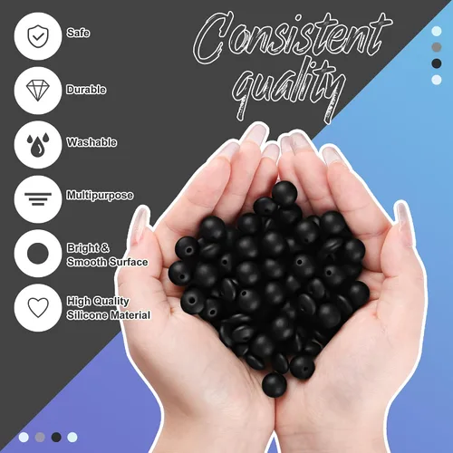 Miniatura 3 de 100 cuentas de silicona negras de 0.472 pulgadas para manualidades (redondas, sueltas)