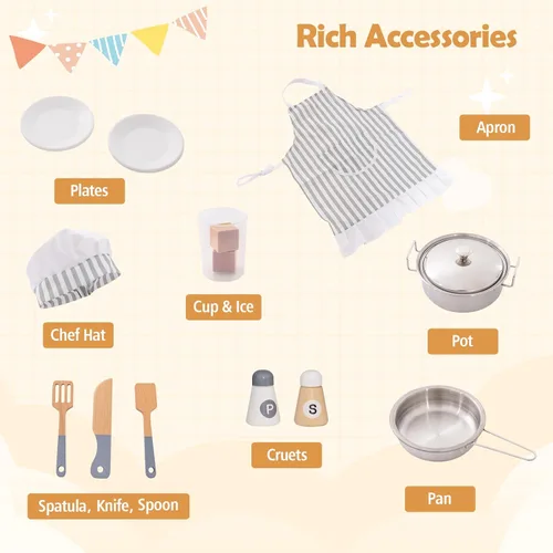 Miniatura 5 de Costzon Juego de cocina esquinera para niños, cocina de madera con sonidos y luces, lavadora, máquina de hielo, microondas, horno, fregadero