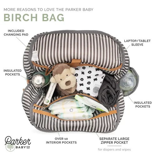 Miniatura 5 de Parker Baby Co. Mochila para pañales - Bolsa de pañales grande con bolsillos aislados, correas para cochecito y cambiador - Bolsa de abedul - Negro