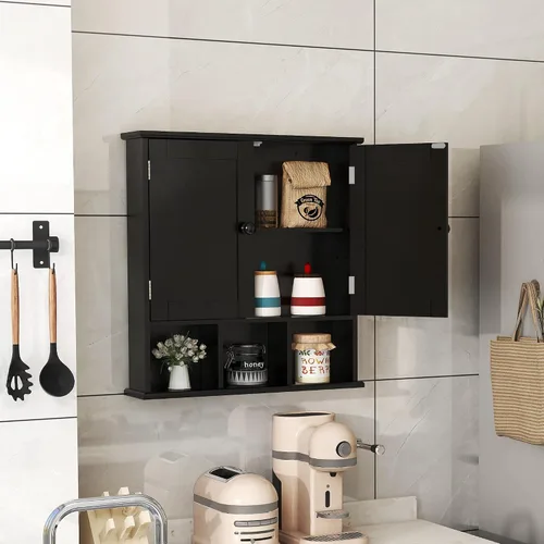 Miniatura 5 de TaoHFE Gabinete de almacenamiento negro para baño sobre el inodoro, organizador de gabinete de medicina de pared con 2 puertas y estantes