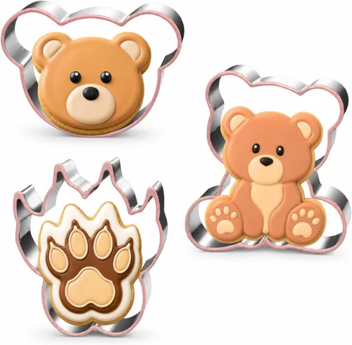 LUBTOSMN Juego de cortador de galletas de oso - 3 piezas: cabeza de oso, patas y lavavajillas, formas seguras para baby shower y horneado de