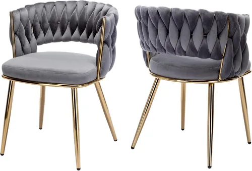 Miniatura 11 de Juego de 2 sillas de comedor tejidas, modernas sillas de comedor tejidas a mano con patas de metal negro, sillas tapizadas con marco negro