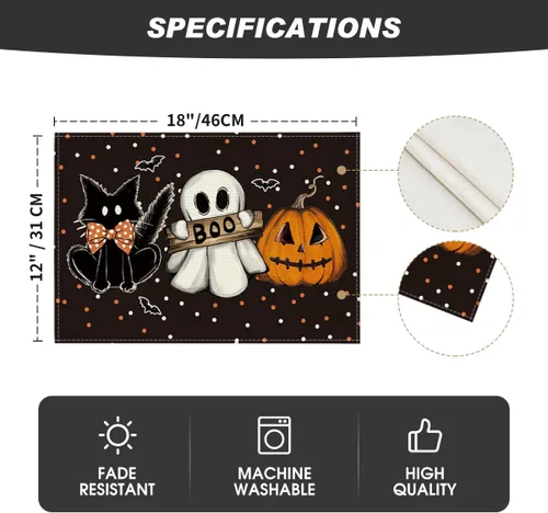 Miniatura 6 de Artoid Mode Juego de 6 manteles individuales de Halloween, diseño de lunares, fantasma, calabaza, gato, Boo, Halloween, 12 x 18 pulgadas