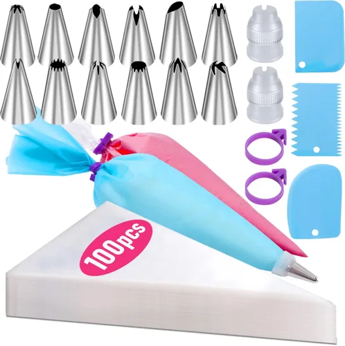 Juego de Bolsas y Boquillas para Repostería, 100 Piezas de Bolsas de Repostería de 12 Pulgadas, Bolsas de Glaseado Desechables para Kit de