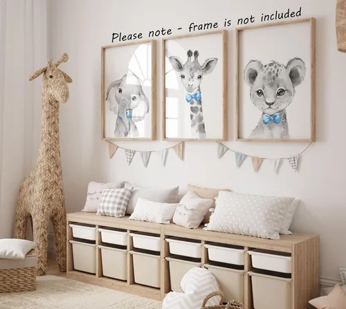 Miniatura 3 de Safari Animals - Juego de 3 impresiones artísticas de pared sin marco, carteles de animales grises con pajarita azul, elefante jirafa león, póster