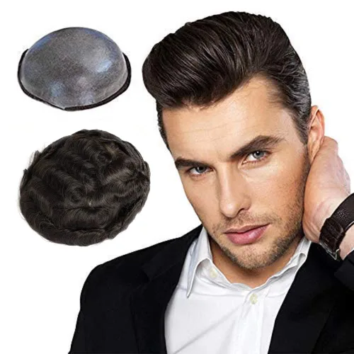 Miniatura 13 de Toupee para hombres, piel fina y suave, 100% cabello humano real europeo, piezas de cabello para hombre, 8x10 pulgadas, sistema de reemplazo de #1