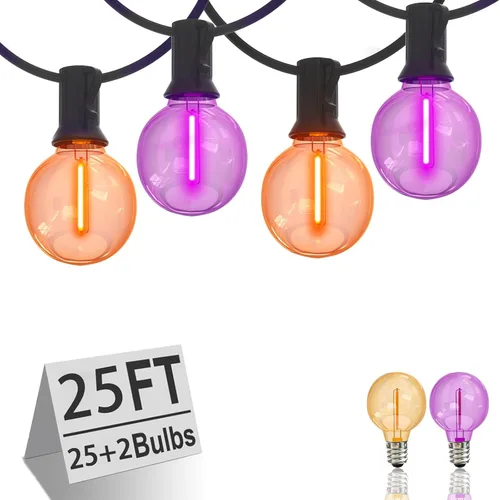 Luces de Navidad Moradas y Naranjas, 25 pies, 27 unidades, luces de cadena LED G40 de Navidad, luces de decoración de interiores para patio al aire