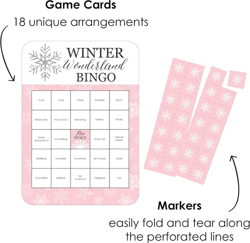 Miniatura 3 de Big Dot of Happiness Pink Winter Wonderland - Tarjetas de bingo y marcadores - Fiesta de cumpleaños de copo de nieve y juego de bingo para baby