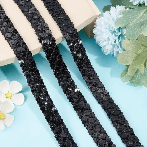 Miniatura 4 de GORGECRAFT Cinta de lentejuelas negras de 0.78 pulgadas (14 yardas) con purpurina y lentejuelas de encaje, tiras de lentejuelas de 3 filas, rollo