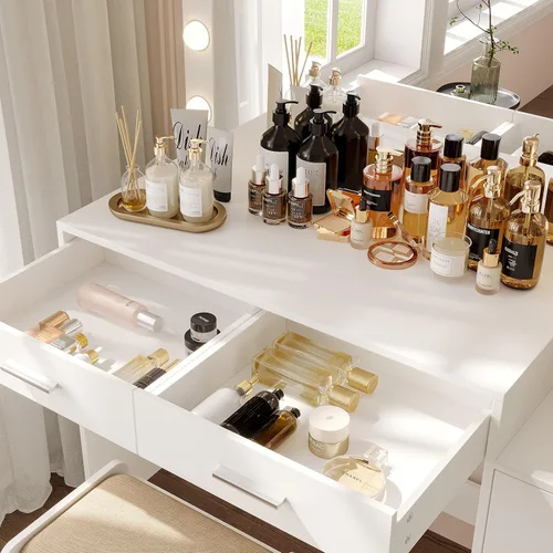 Miniatura 4 de Rovaurx Mesa de tocador de maquillaje blanca de 46.7 pulgadas con espejo iluminado, escritorio grande con estante de almacenamiento y 5 cajones