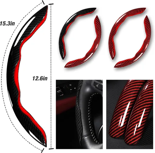 Miniatura 5 de Juego de fundas para volante de automóvil, funda de fibra de carbono brillante, antideslizante, 3 piezas, accesorios para volante de 14.5-15 Negro