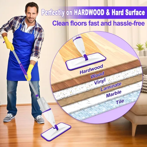 Miniatura 7 de Trapeadores en aerosol para limpieza de suelos de madera dura: mopas húmedas EXEGO con 5 almohadillas recargables de microfibra para Swiffer Morado