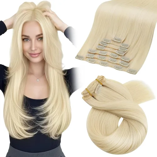 Moresoo Extensiones de cabello humano Remy con clip, color rubio platino, extensiones de cabello humano real de doble trama, color rubio #60, 18