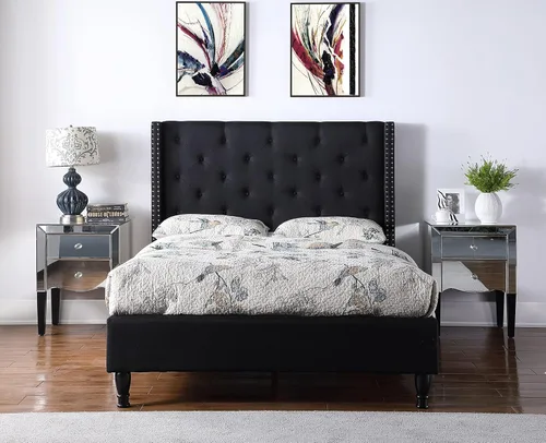 Miniatura 7 de Base de cama de plataforma tapizada completa con cabecero de 51 pulgadas de alto, cama de tela copetuda con botones, soporte de listones de madera