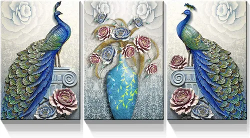 Miniatura 16 de Denozer Lienzo decorativo para pared, 3 paneles, 24 x 32 pulgadas, elegante, pavo real azul con imagen floral blanca, impresión de pintura de Art01