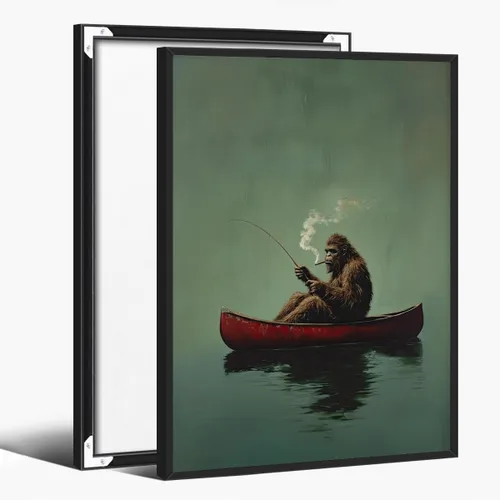 Póster de lienzo retro de Sasquatch, divertido pie grande en una canoa roja, pesca verde esmeralda, arte de pared, diseño de casa de lago, vintage,