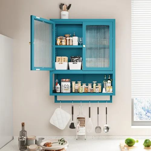 Miniatura 9 de Armario de pared de baño con 2 puertas de vidrio, botiquín de baño con barra de toallas y estantes, gabinete de almacenamiento sobre el inodoro