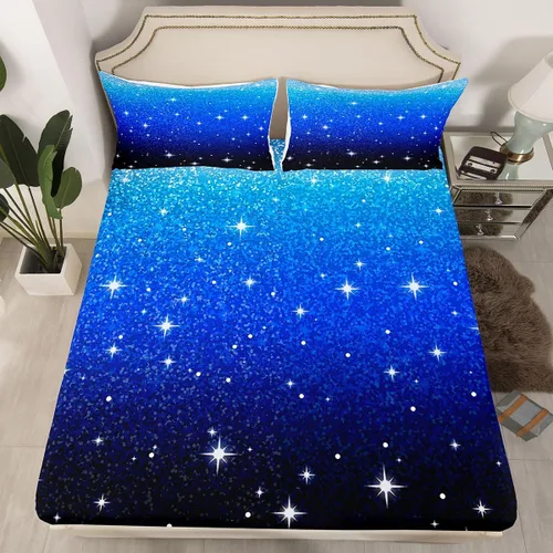 Miniatura 12 de Erosebridal Juego de ropa de cama de lentejuelas con purpurina y estrellas, sábanas de bolsillo profundo arcoíris y galaxia espacial, sábana bajera