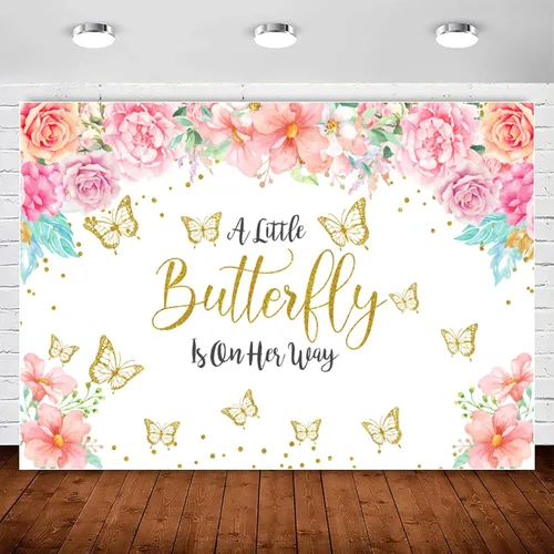 Miniatura 8 de Telón de fondo morado floral de mariposa para baby shower, lavanda con texto en inglés "A Little Butterfly is On The Way", telón de fondo