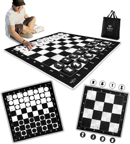 Swooc Juegos - Juego gigante de ajedrez, damas y ajedrez 3 en 1 con alfombrilla (4 x 4 pies), lona lavable a máquina y discos de espuma grandes de 5