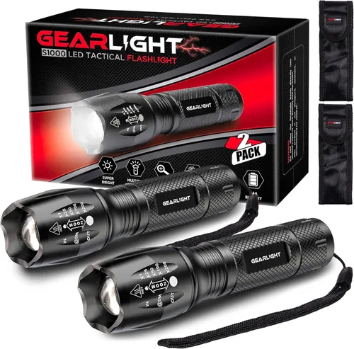Linterna de mano LED táctica GearLight S1000, 2 unidades, alto lúmen, capacidad de zoom, 5 modos, resistente al agua, la mejor para camping, aire