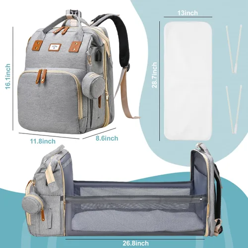 Miniatura 7 de JSTPRO Mochila para pañales, bolsa de pañales grande impermeable y ligera con cambiador, bolsillos aislados, puerto USB y correas para cochecito