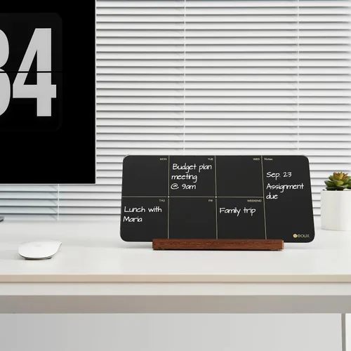 Miniatura 5 de Planificador semanal de cristal negro de escritorio, pizarra blanca de borrado en seco con soporte de madera desmontable, pequeño calendario