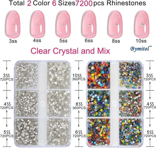Miniatura 2 de Bymitel 7200 unidades de cristal transparente y mezcla de diamantes de imitación con parte trasera plana, 6 tamaños mixtos, gemas de cristal