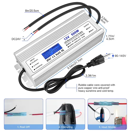 Miniatura 4 de Controlador LED de 500 vatios, fuente de alimentación impermeable IP67 de 12 V, CA 90-140 V a CC 12 V 41.6 A transformador de bajo voltaje