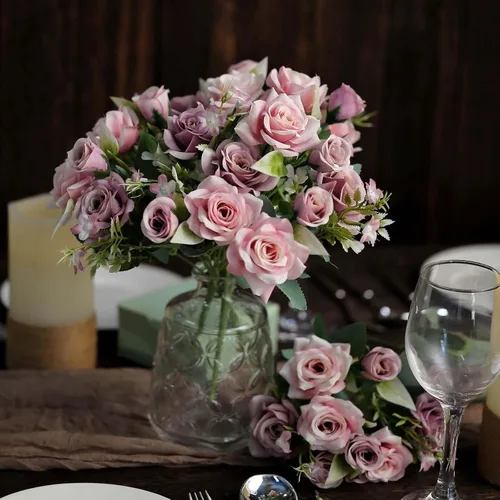 Miniatura 7 de Efavormart - 4 arbustos Ramo de novia de seda artificial de 12 pulgadas de rosa polvorienta, flores sintéticas