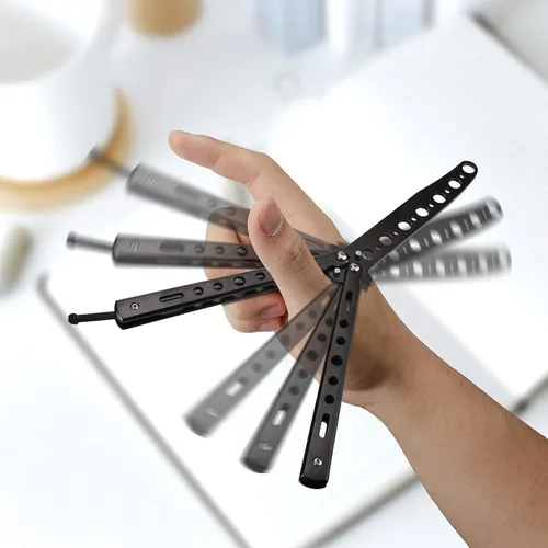 Miniatura 2 de Little World Cuchillo de mariposa – Paquete de 2 cuchillos de mariposa herramienta de práctica de acero de metal – Peine plegable sin afilar