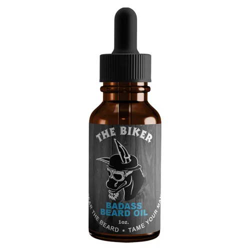 Aceite Badass Beard Care para hombres - El aroma del motociclista, 1 oz - Ingredientes totalmente naturales, mantiene la barba y el bigote llenos,
