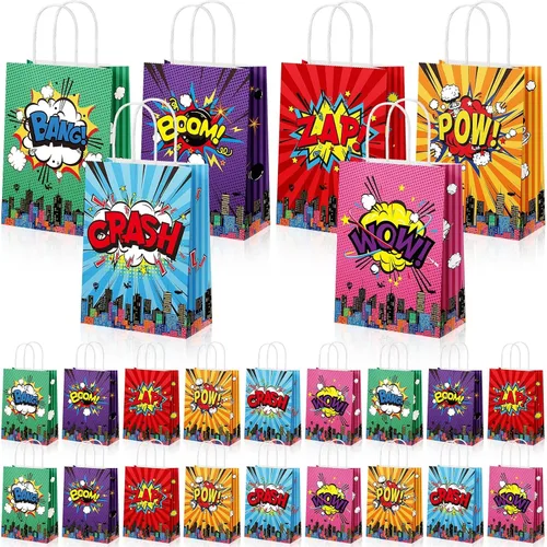 Pajean 36 bolsas de regalo de fiesta de héroe de cómic, papel de estraza de héroe de cómic, bolsas de regalo con asa temática de boom suministros de