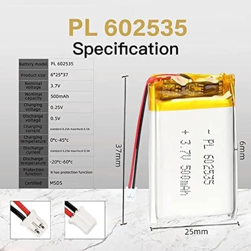 Miniatura 2 de 3.7V 500mAh 602535 Lipo paquete de iones recargable con conector JST 1pcs