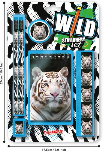 Miniatura 2 de Deluxebase Wild Stationery Set - Tigre blanco de animales de papelería con 2 lápices, borrador, sacapuntas, regla y lindo cuaderno. Suministros