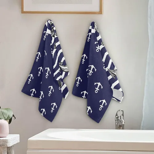 Miniatura 4 de Toalla de mano de baño de ancla, 2 piezas, toallas de mano absorbentes náuticas a rayas blancas, anclajes marinos, toalla facial suave