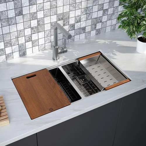 Miniatura 9 de Strictly Sinks - Fregadero de cocina dorado de 32 pulgadas, resistente a arañazos y manchas, rejilla inferior de doble tazón de calibre 16, tabla